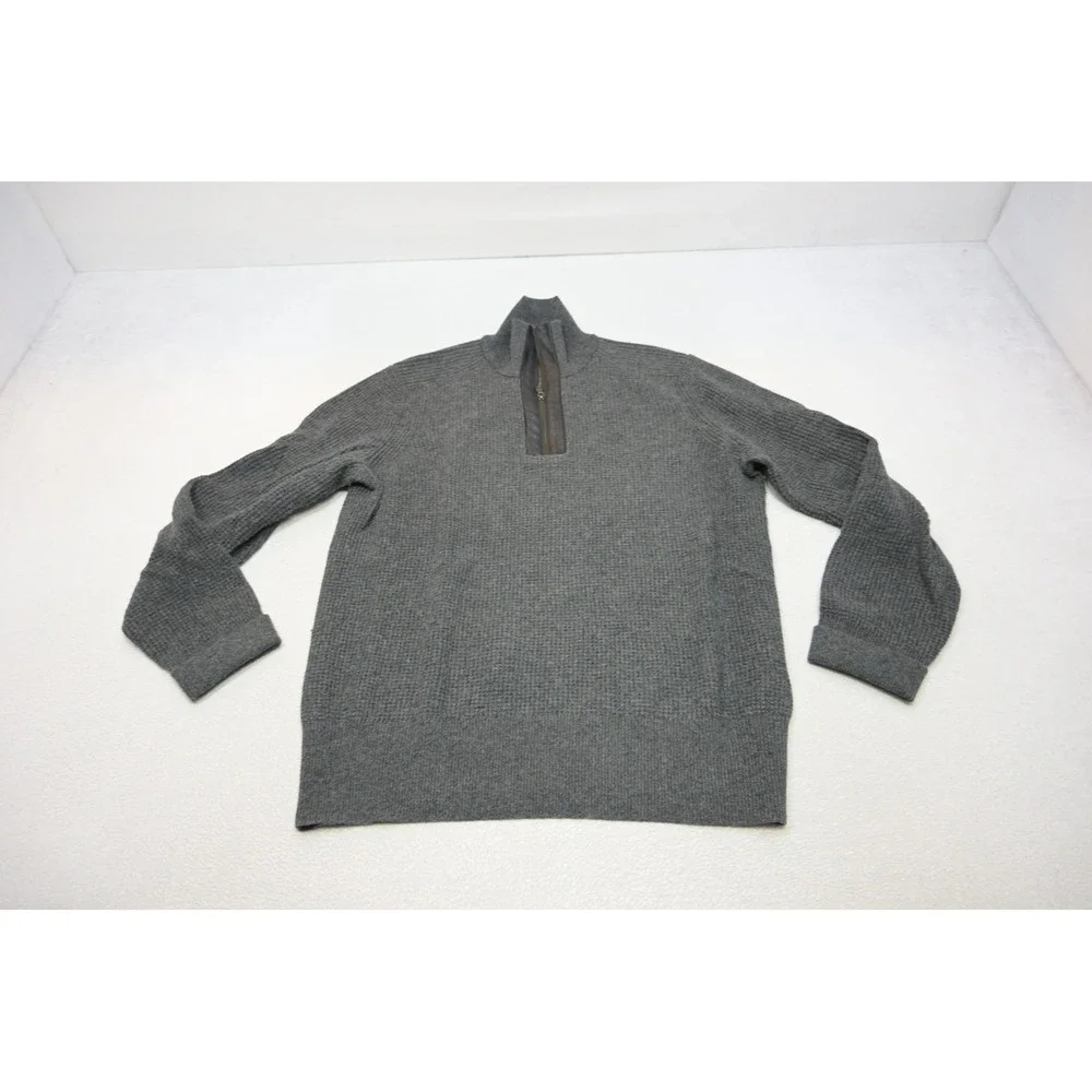 Banana Republic Sweater Mens XL Gray Merino Wool Leather Trim Quarter Zip EUC